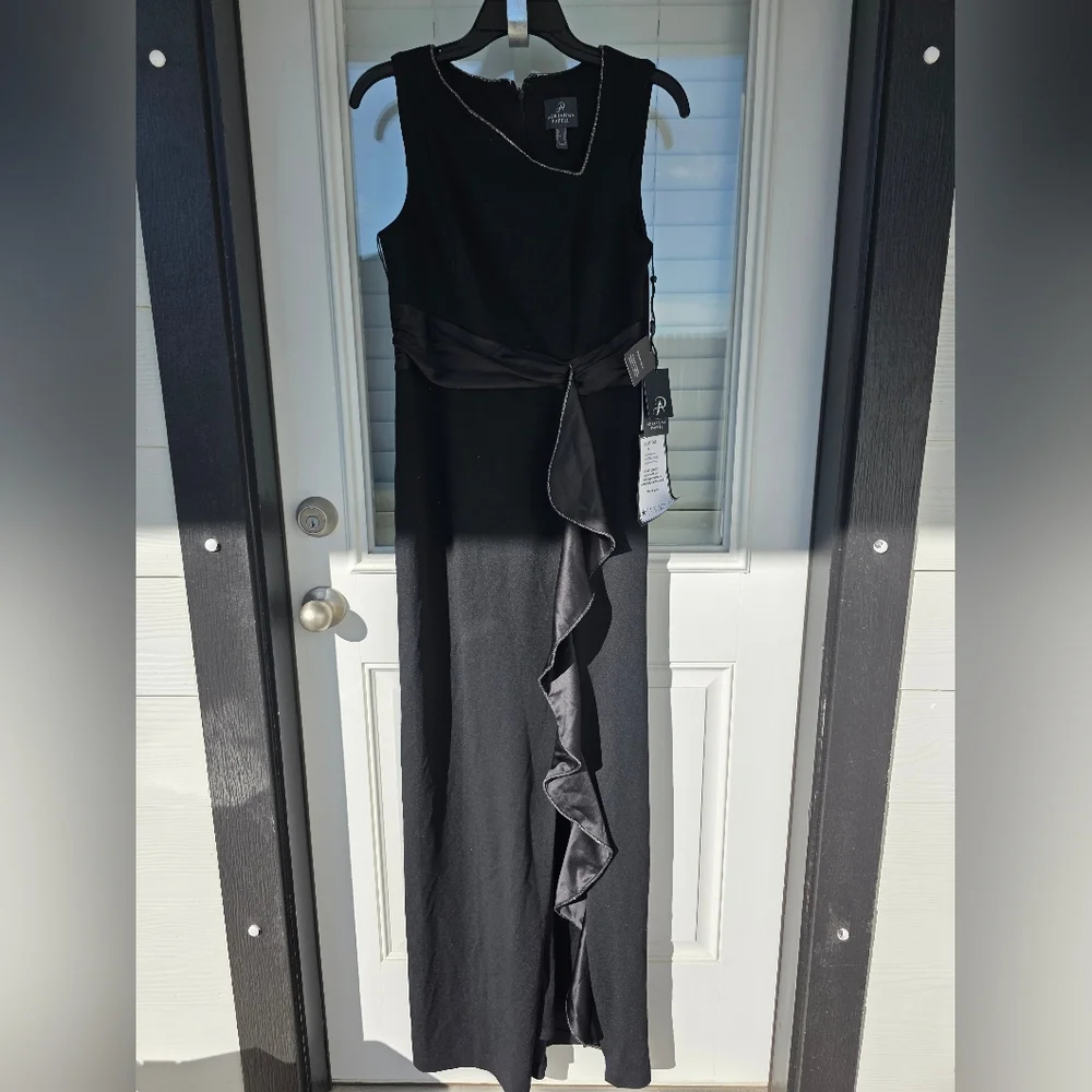 Adrianna Papell Women Ruffled Gown Sz 6 Asymmetric Hem Black NWT Old Money Party - Picture 4 of 15